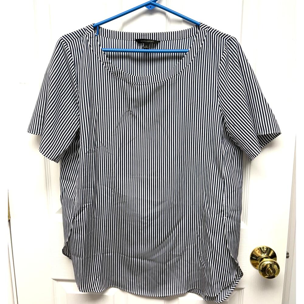 Banana Republic Blouse Navy Blue White Striped Short Sleeve Women's Size M